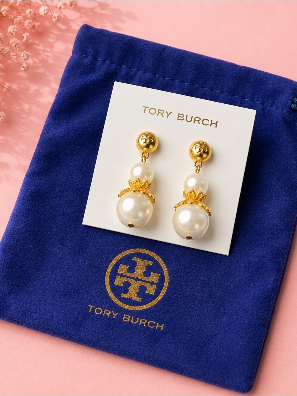 Tory Burch Gold-Tone Pearl Floral Drop Earrings